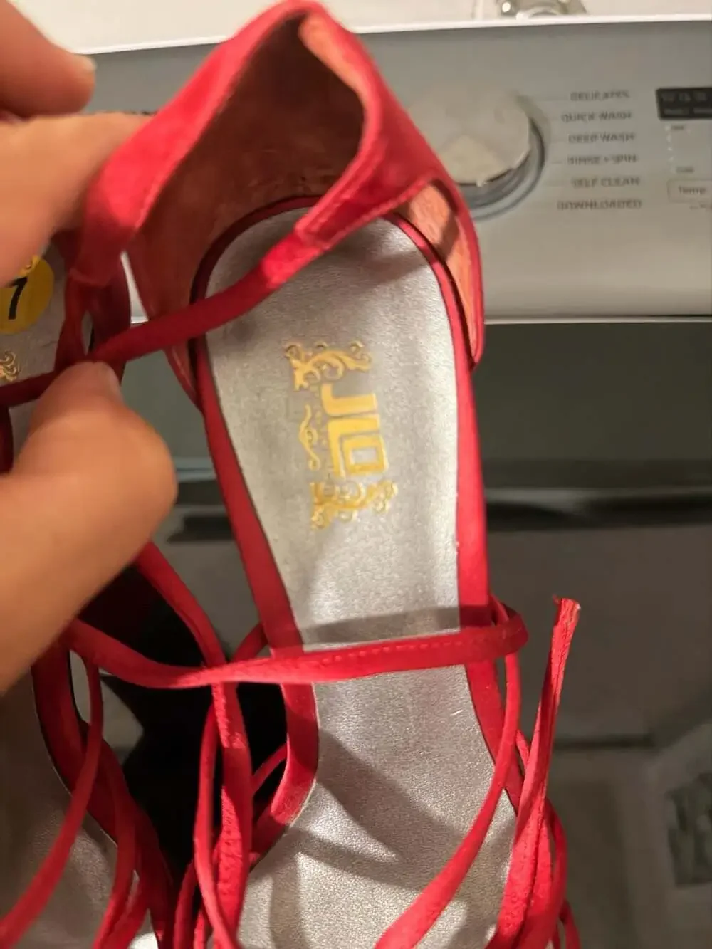 JL by Jennifer Lopez Red Satin Strappy Floral Embroidered Platform Heels